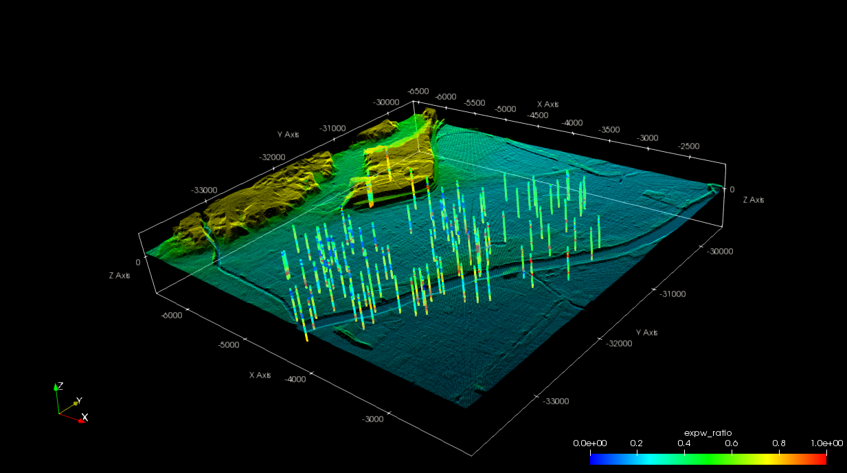 某地域における地震時の液状化に伴う沈下量シミュレーション結果を三次元モデル上で可視化